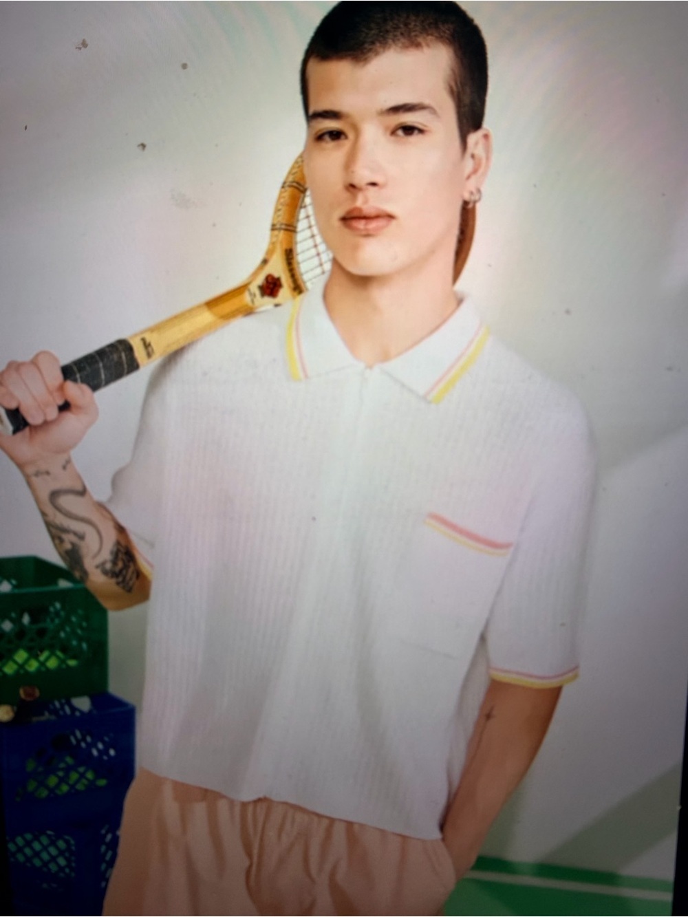 Unisex standard cloth (urban outfitters) White Polo Knit Shirt with Yellow Trim
